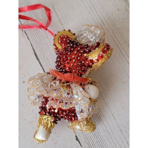 Embroidered dancing ballerina mouse ornament Xmas Red Gold - Picture 6 of 6